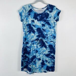Jamie & Layla Size Small Tie Dye Drawstring Mini Dress Blue Knit Casual